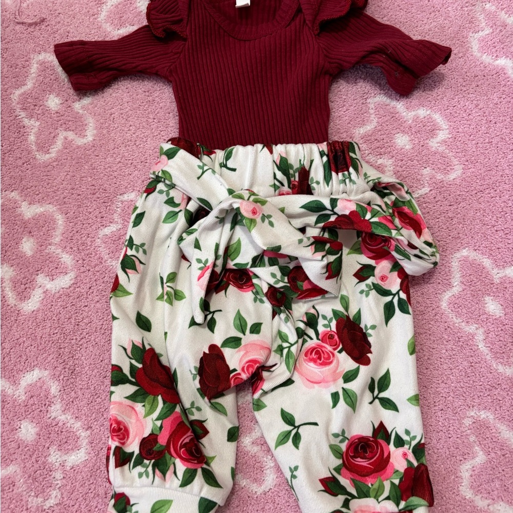 Floral Kids Bottoms with Burgundy Top